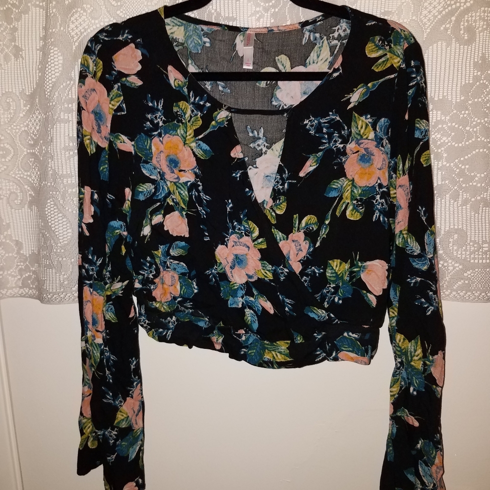 Low Cut Floral Blouse/Crop Top with Bell Sleeves